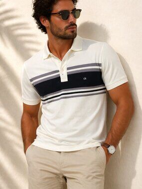 Calvin Klein CK Slim Fit Polo Shirt Men L White Striped 100% Cotton